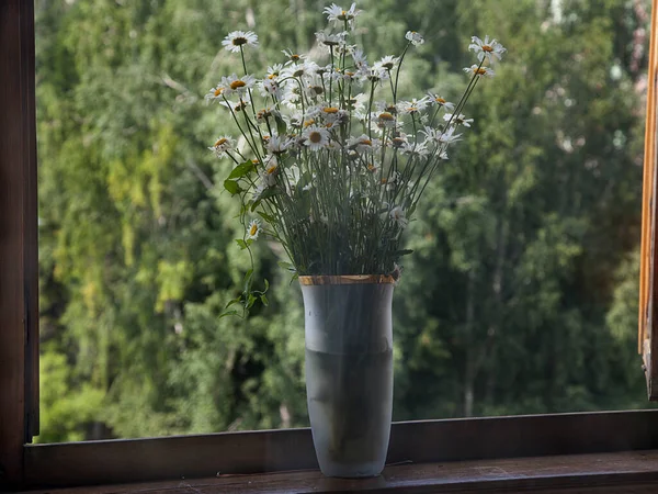 夏の日にはガラスの花瓶の中に大きな美しいデイジーの花束がオープンウィンドウに立っています — ストック写真