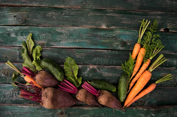 Barbabietola di verdure di fattoria fresche, carote e cetrioli su un bosco — Foto Stock