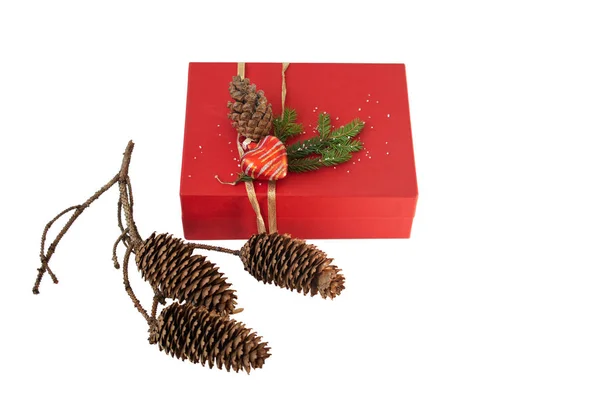 Red gift box with pine branch and cones isolated on white — Stock Photo, Image