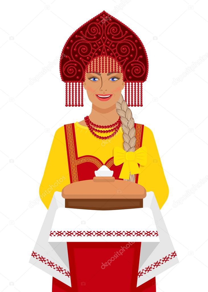 Russian girl in traditional suit with bread and salt
