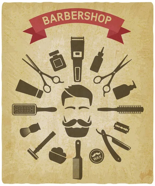 Ferramentas de barbearia em torno de rosto masculino vintage fundo — Vetor de Stock