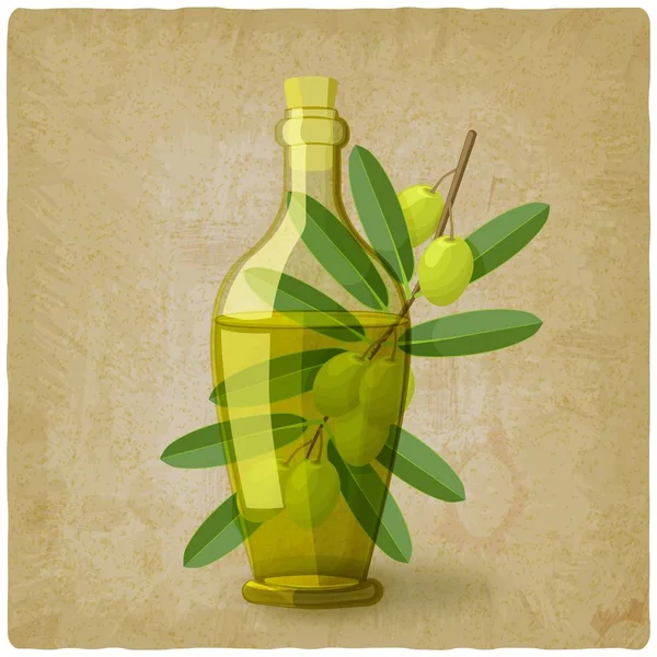 Rama de olivo con botella de aceite — Vector de stock