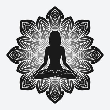 Yoga meditasyon kız silüeti poz çiçek arka plan üzerinde