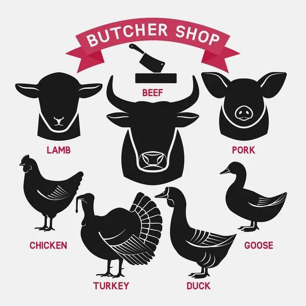 Ορίστε σιλουέτες ζώων. Butcher shop εικονίδια — Διανυσματικό Αρχείο