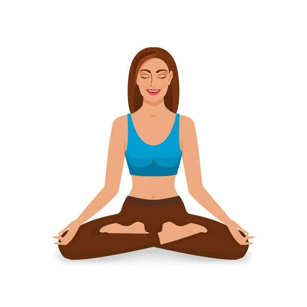 Smiling girl with closed eyes relaxes in yoga lotus position — Stock Vector