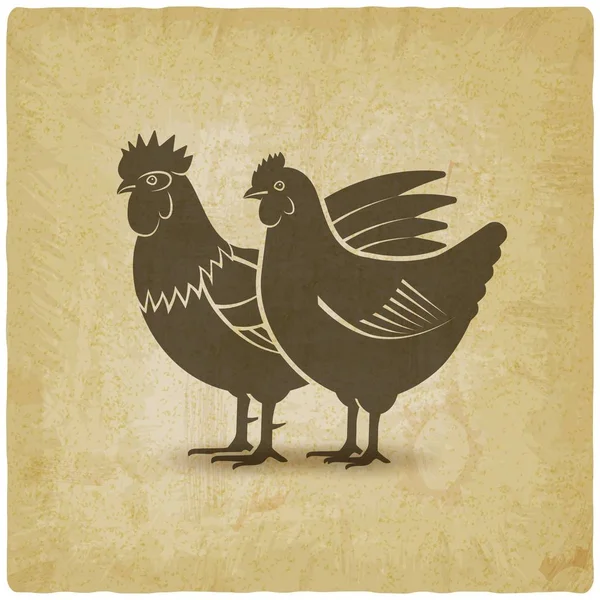 Силуэты курицы и петуха винтажный фон — стоковый вектор