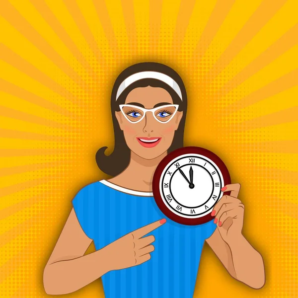 Sonriente chica puntos en el reloj — Archivo Imágenes Vectoriales