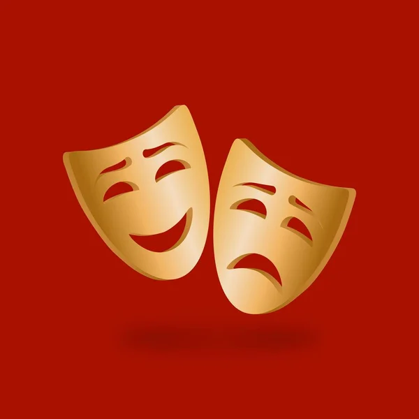Golden theatrical masks of comedy and tragedy on red background — Stock Vector