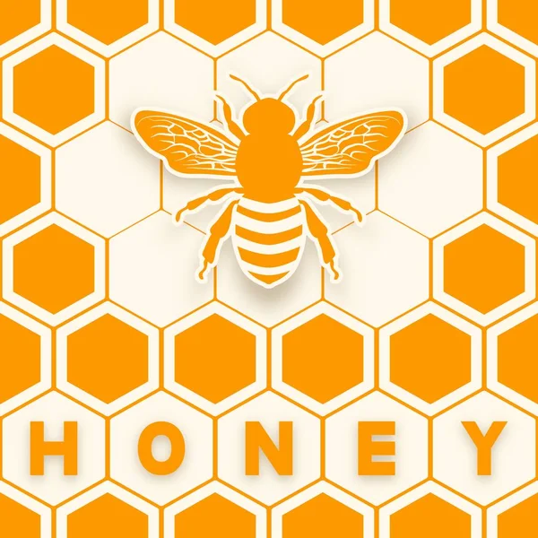 Honey bee sticker silhouette on honeycomb background — Stock Vector