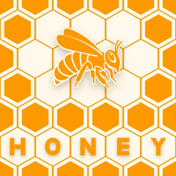 Honey bee sticker silhouette on honeycomb background — Stock Vector