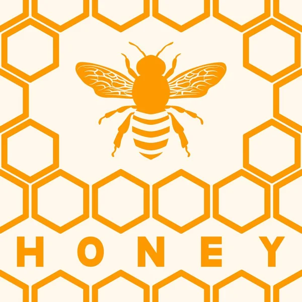 Honey bee silhouette on honeycomb background — Stock Vector