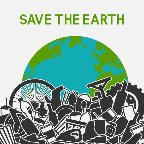 Save the Planet concept. Zwerf planeet met menselijk afval. Planeet aarde in vuilnis stort — Stockvector