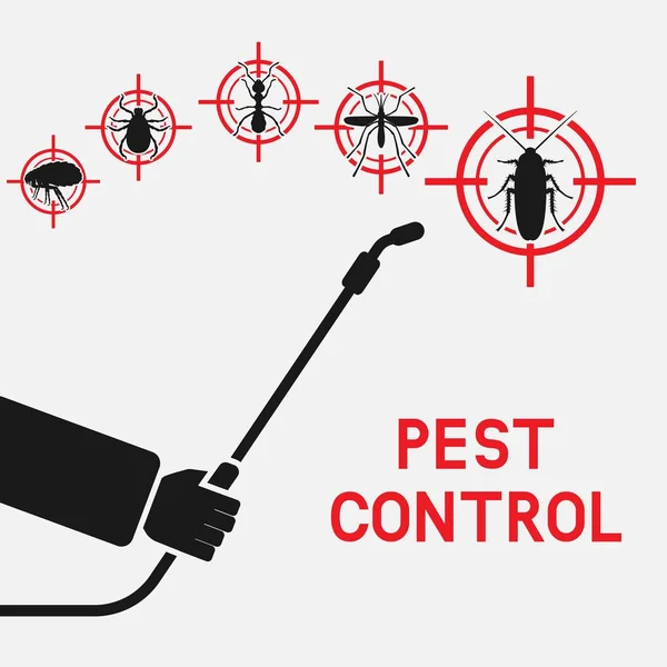 Exterminator with sprayer against cockroaches, mosquitoes, ants, ticks and fleas — Stock Vector