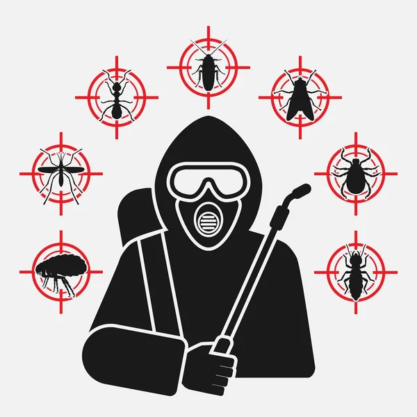 Exterminateur avec silhouette de pulvérisateur entouré d'icônes d'insectes nuisibles — Image vectorielle