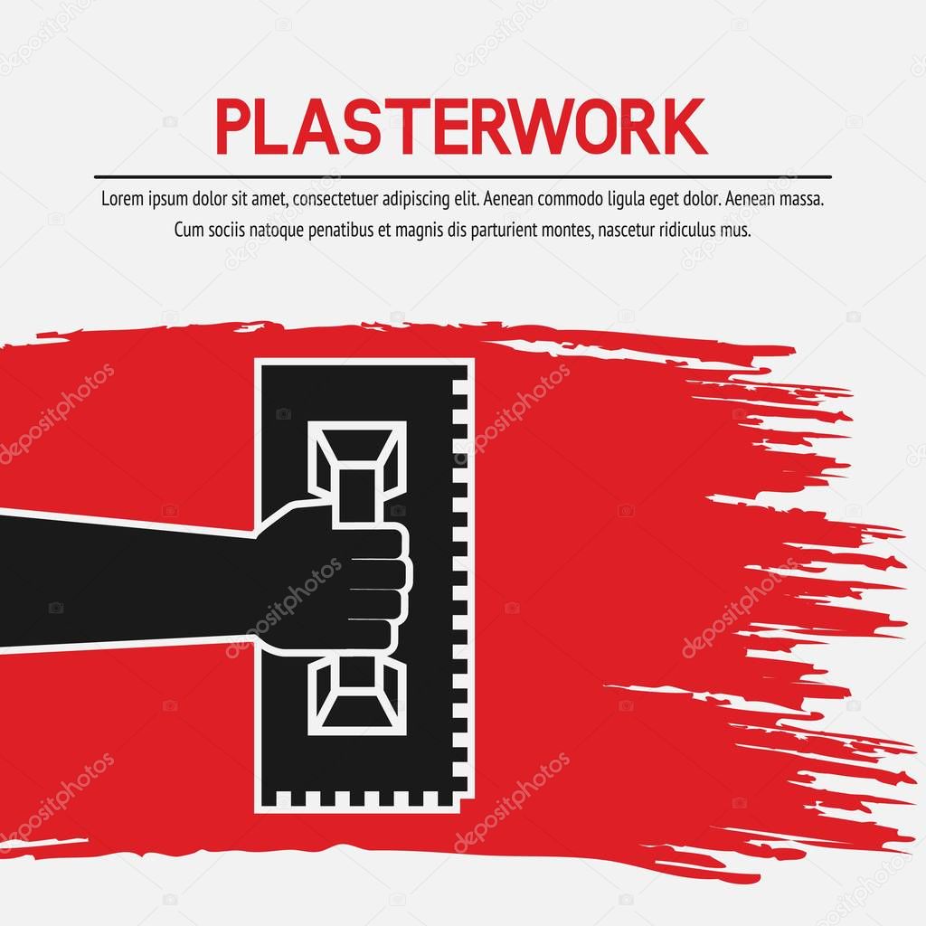 Hand with trowel. Plaster work design. Vector illustration