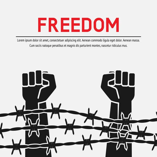 Fighting for freedom concept. Hands clenched into fist behind barbed wire — Stock Vector