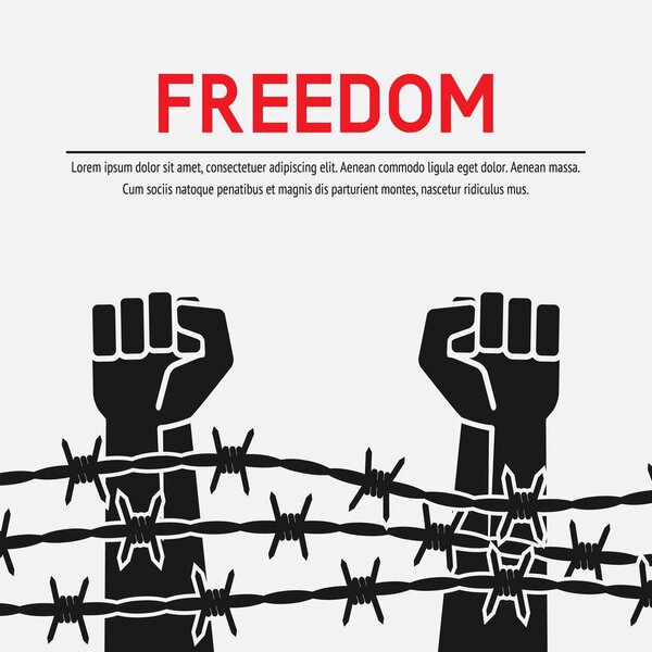 Fighting for freedom concept. Hands clenched into fist behind barbed wire
