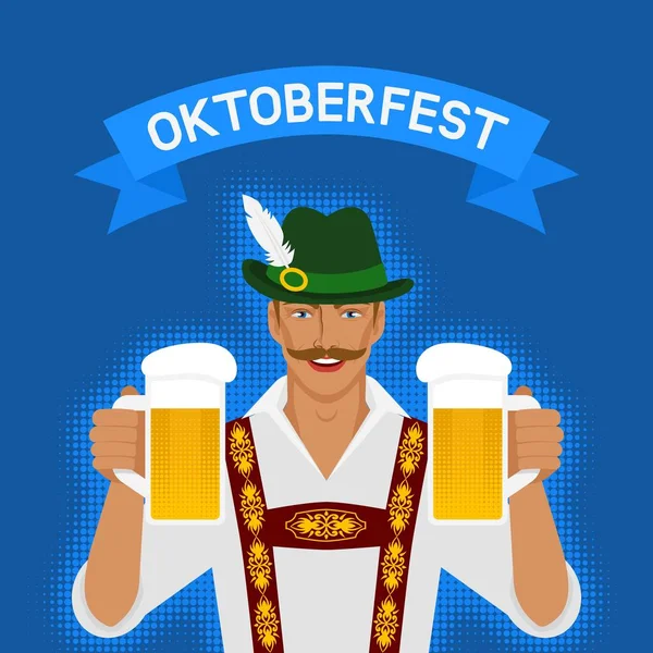 Oktoberfest manusia dalam kostum nasional dengan bir - Stok Vektor