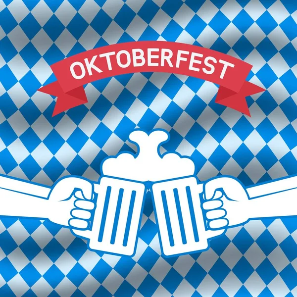 Poster festival bir Oktoberfest, desain menu. Tangan dengan bir di Oktoberfest memeriksa latar belakang - Stok Vektor
