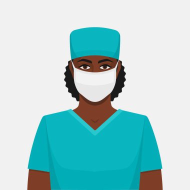 Maskeli siyahi kadın doktor. Vektör illüstrasyonu