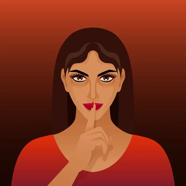 Mooi brunette meisje met vinger op lippen — Stockvector