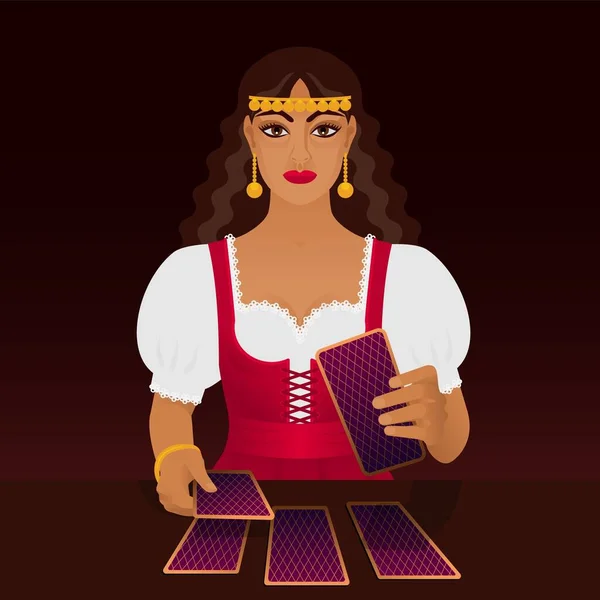 Beautiful young fortune teller with tarot cards — Stock Vector