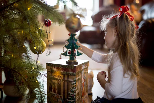 Girl Decorates Christmas Tree Home — Stock Photo, Image
