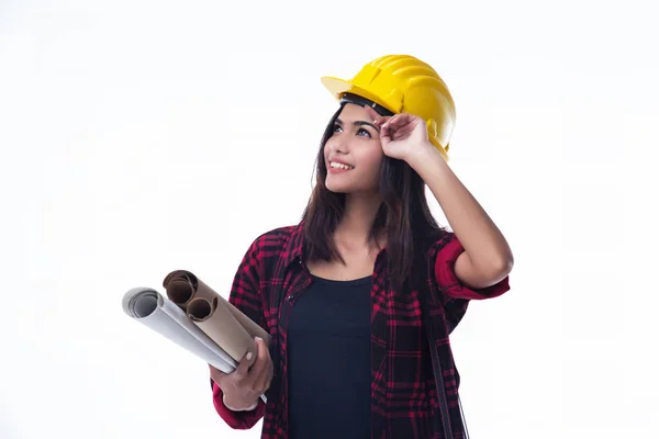 Joven Ingeniera Con Casco Seguridad Amarillo Sostiene Plano Mano Derecha —  Fotos de Stock