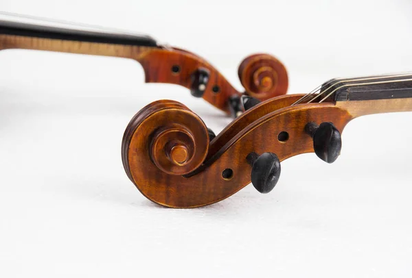 Selective Focus Construction Violin Scroll Pegbox Neck White Background Blurry — Stock Photo, Image