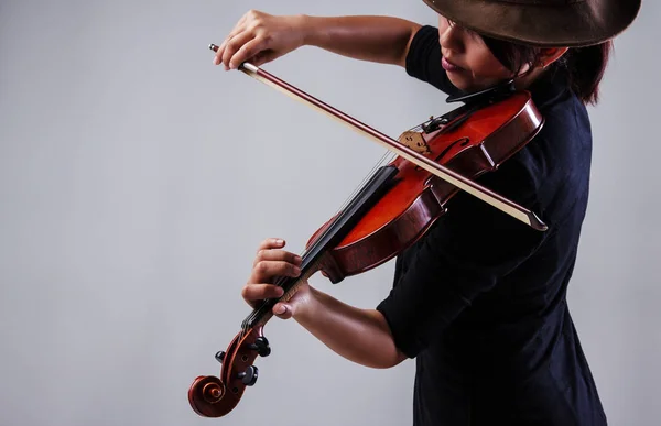 Lady Black Suit Wear Brown Hat Playing Violin Show How — Stock Photo, Image