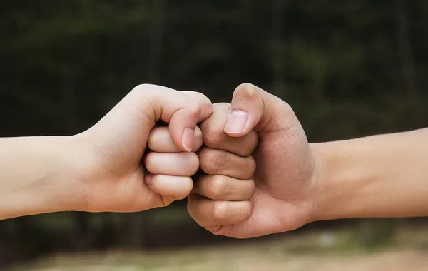 In selective focus of the hands fist bump or power five is the gesture of giving respect or approval,Knuckle bump. Greeting and teamwork concept