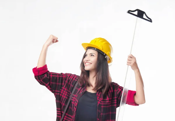 Joven Ingeniera Con Casco Seguridad Amarillo Ella Sostener Cuadrado Con —  Fotos de Stock