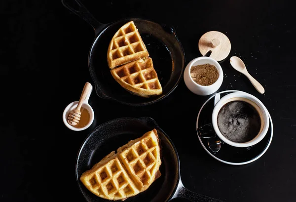 Waffle Syrup Put Jar Browm Sugar Clack Coffee Cup — Stock Photo, Image