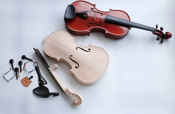 Violino Cru Acessório Colocados Lado Violino Completo Fundo Branco — Fotografia de Stock