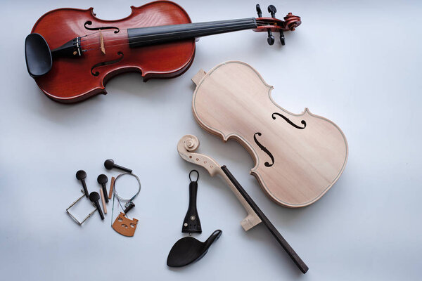 The raw violin put beside completed violin on white background