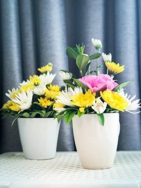 Seramik saksıdaki güzel çiçek, bulanık ışık