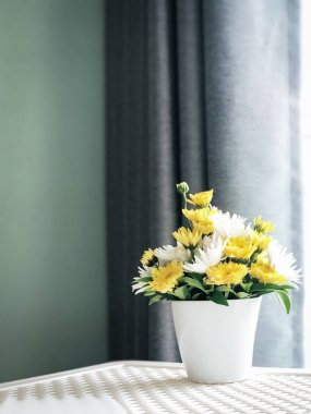 Seramik saksıdaki güzel çiçek, bulanık ışık