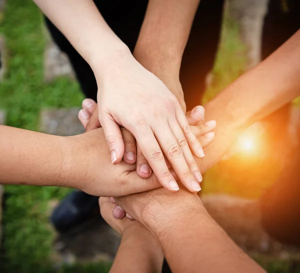 Die Menschliche Hand Rührt Zusammen Für Macht Und Erfolg Teamwork — Stockfoto