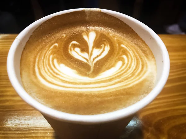 Fondo Diseño Luz Borrosa Café Caliente Puesto Escritorio Madera — Foto de Stock