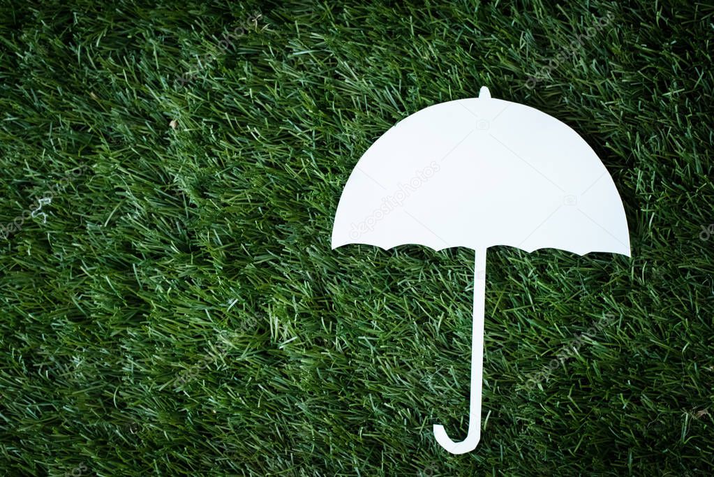 White umbrella paper cut put on green grass ground floor