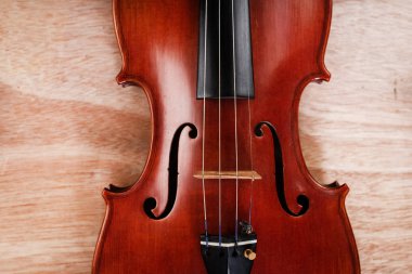 Klasik keman ahşap tahta koymak, akustik enstrüman ön tarafı göstermek