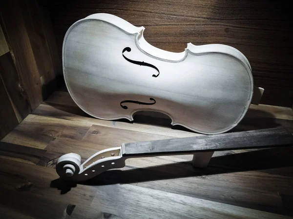 Raw Violin Put Wooden Board Show Body Neck Instrument — Stock Photo, Image