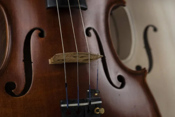 木製バイオリンの選択的な焦点で 木の質感とバイオリンのディテールを示す — ストック写真