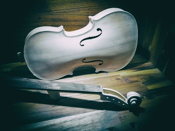 Raw Violin Put Wooden Board Show Body Neck Instrument Vintage — Stock Photo, Image
