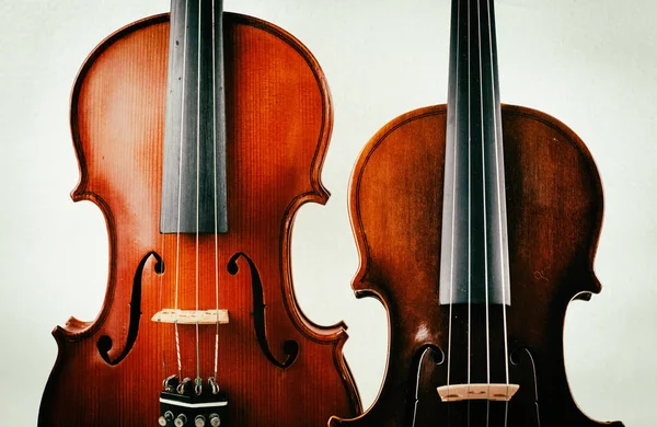 背景に置かれたバイオリンの2つの異なるサイズは フロントサイドの詳細を示しています — ストック写真