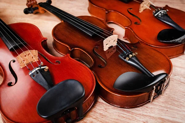 Three Violins Put Wooden Board Vintage Art Tone — Stock Photo, Image