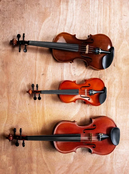 Three Violins Put Wooden Board Show Different Size Detail Instrument — Stock Photo, Image