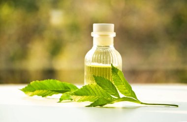 Cam şişede doğal özü, yeni organik temel, bulanık ışık etrafında