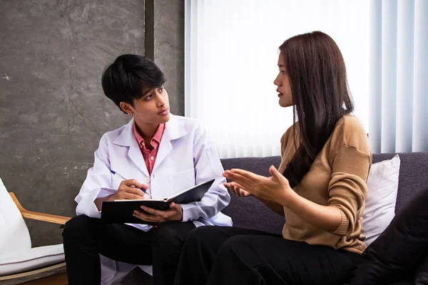 The psychiatrist talking with the stressed womanconsult for treatment plan,treat mental illness