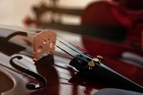 Närbild Violin Framsidan Fokus Fine Tuners Vintage Och Art Tone — Stockfoto